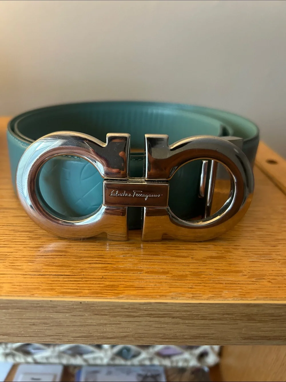 Salvatore Ferragamo Teal Leather Belt with Gancini Buckle